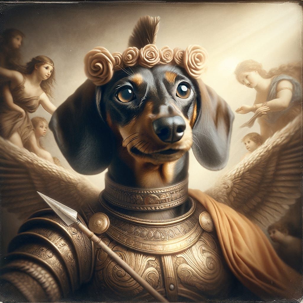 Regal Dachshund Warrior Princess in Vintage Oil Painting Sty...