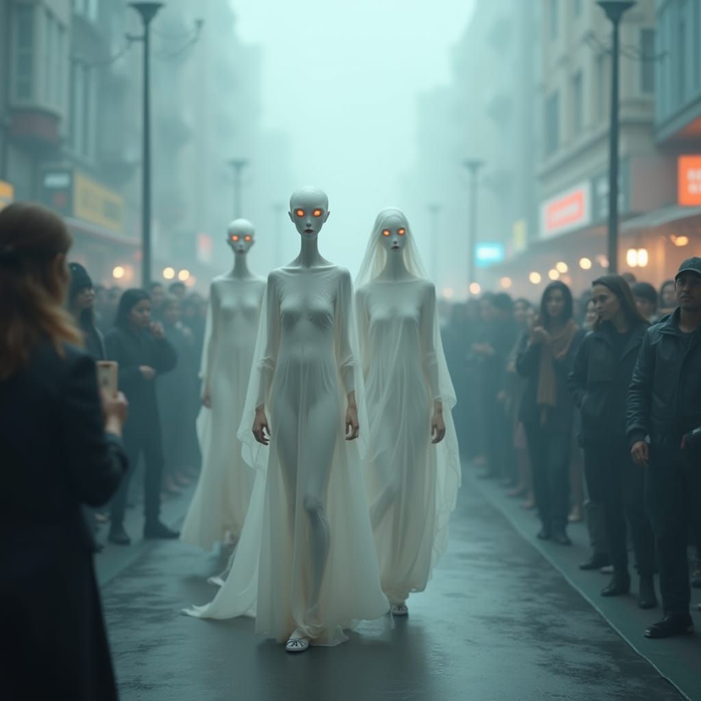 Ethereal Ghostly Figures Parade in Misty Cityscape
