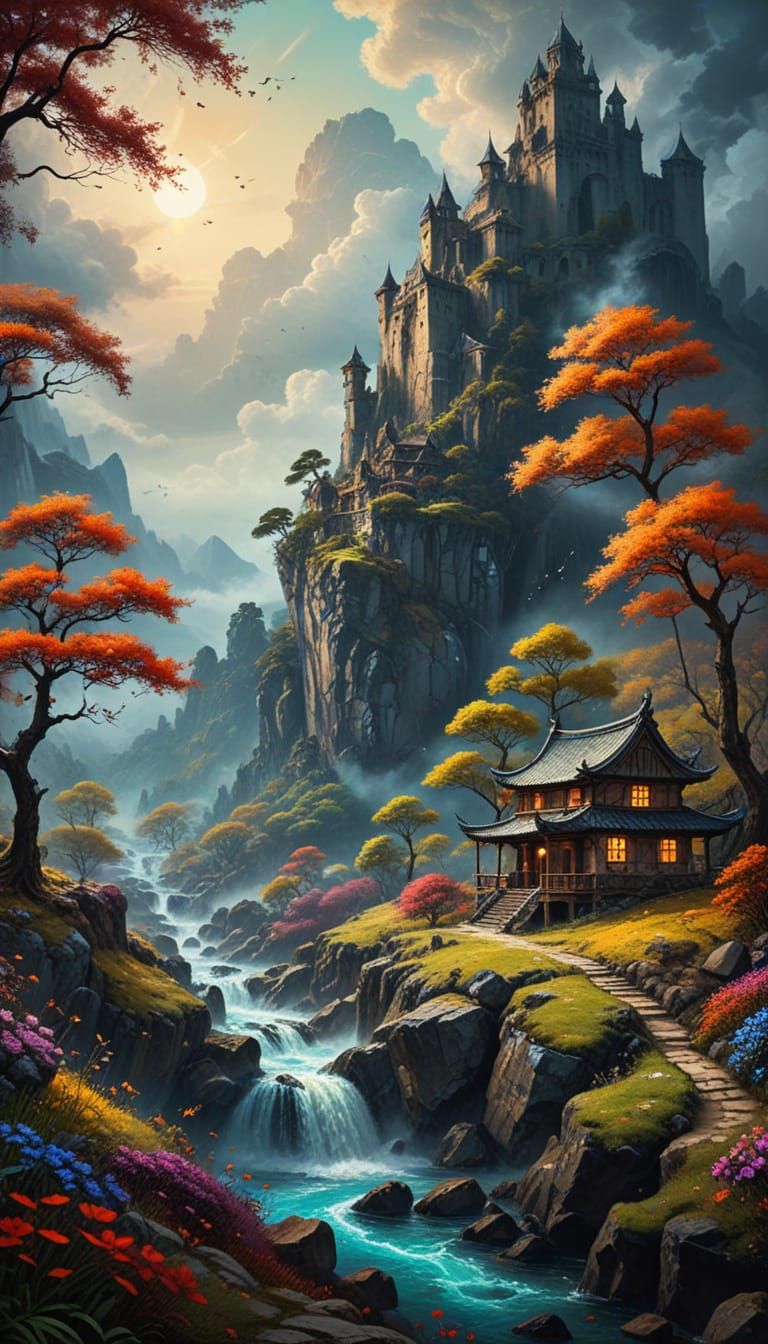 Ethereal Realm of No Regrets in Vibrant Ink Painting