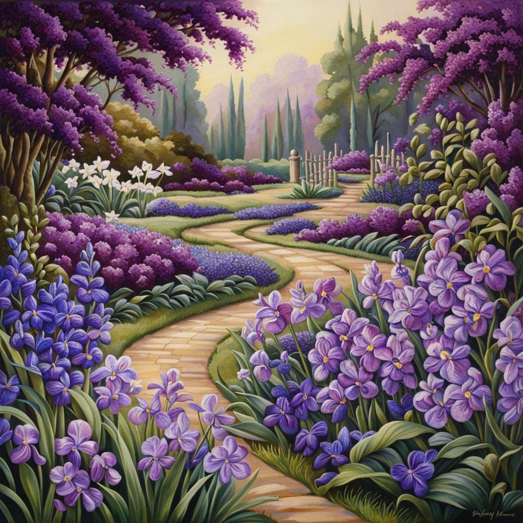 Purple Garden Path with Iris and Hyacinth
