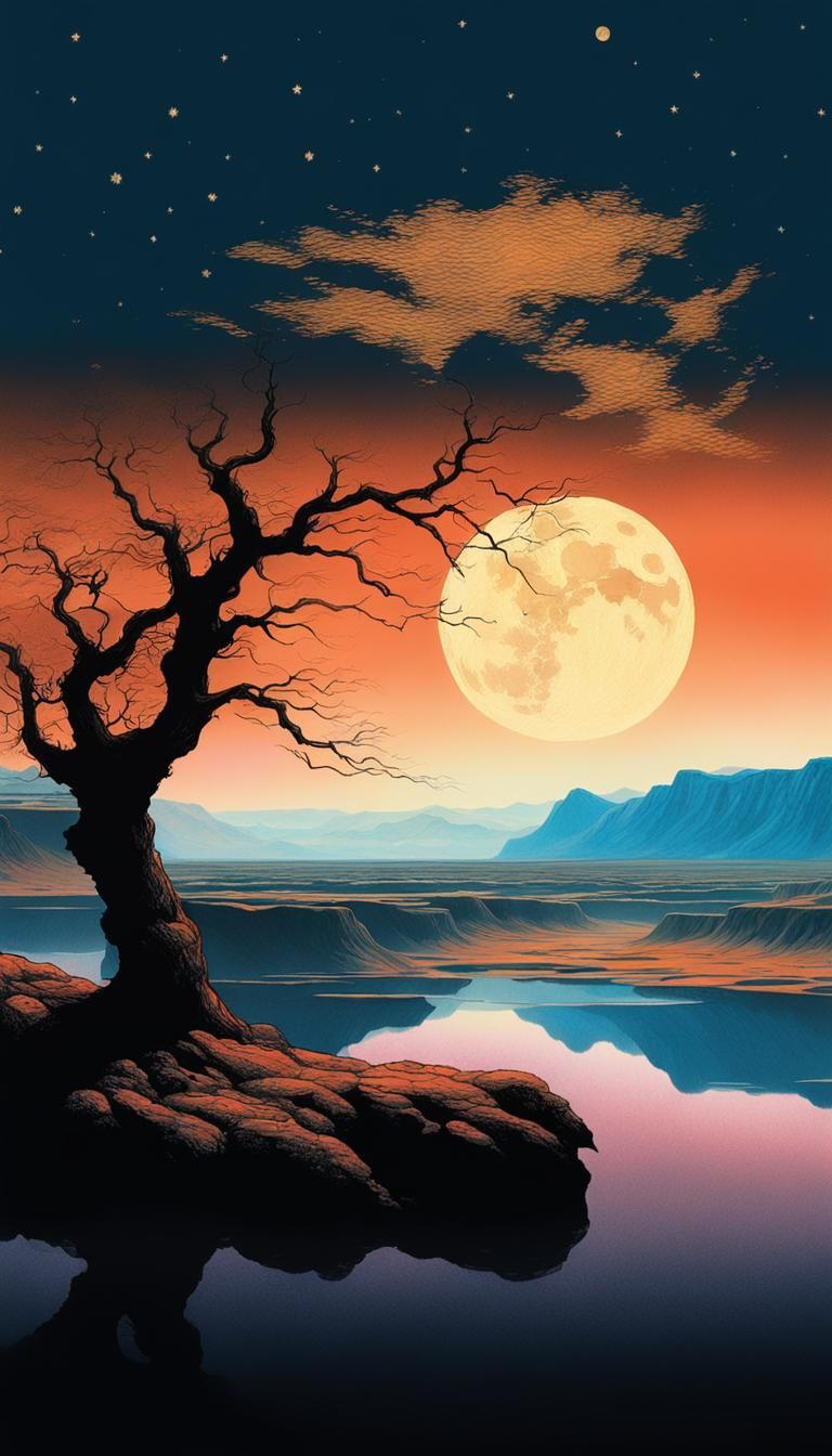 Moonlit River in a Desolate Ukiyo-e Landscape