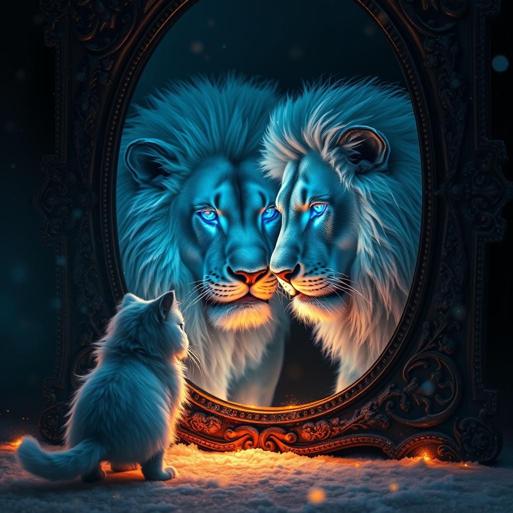 Cat and Lion Reflection in Mystical Night