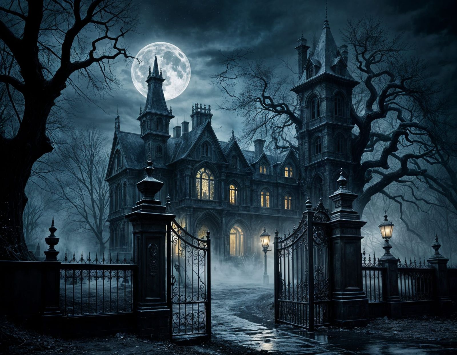 Eerie Gothic Mansion in Winter Mist