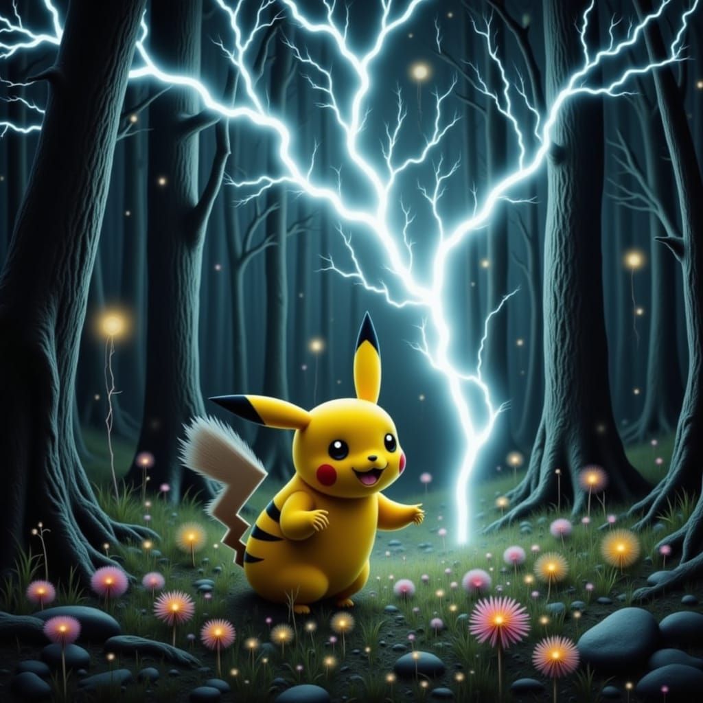 <lora:Psychopomp:1.0> A pikachu in the woods that is casting...