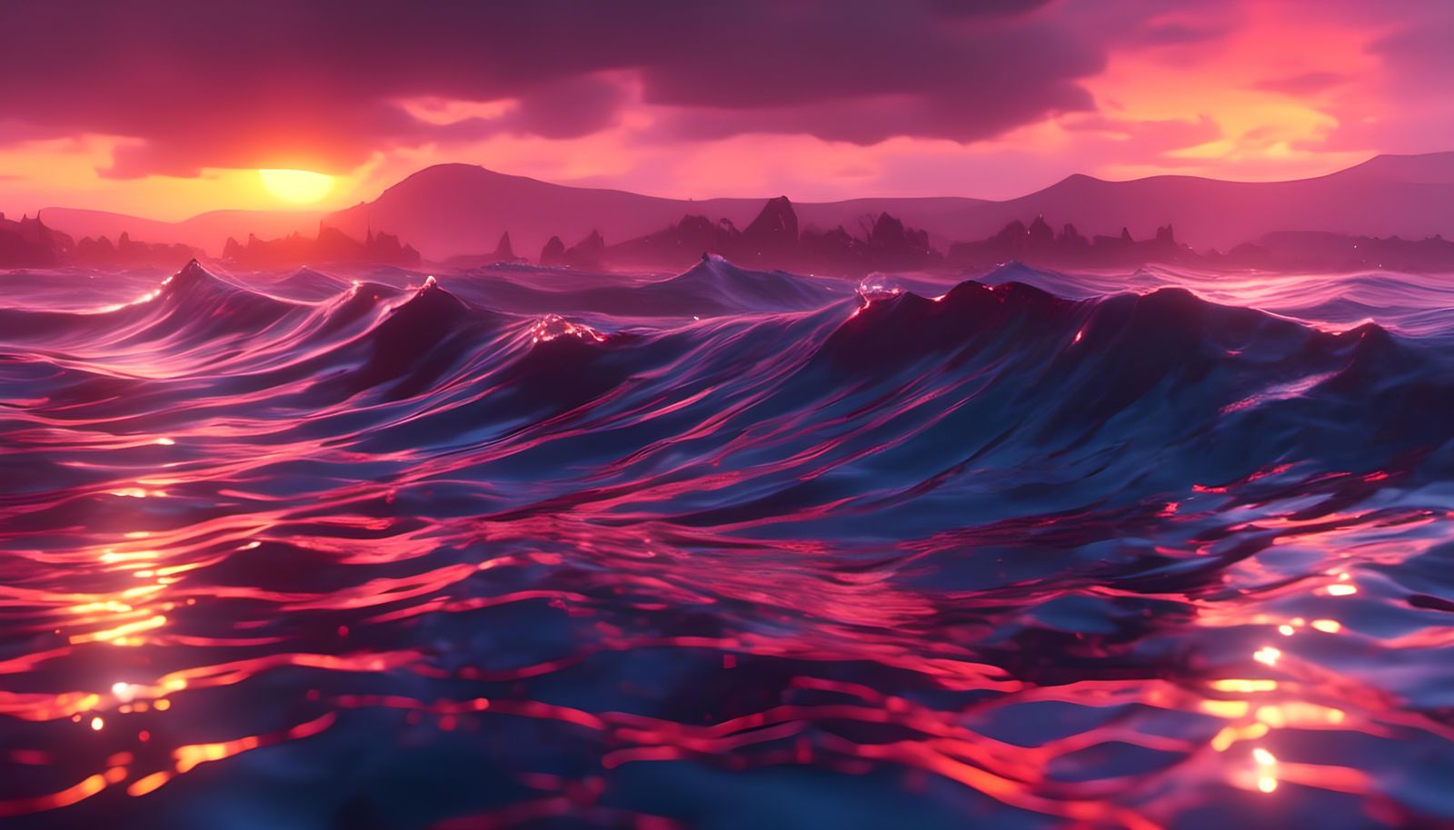 Neon Sunset Over Ocean in Hyperreal Style