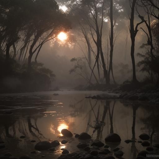 Reindeer Drinking in Misty Forest at Dawn