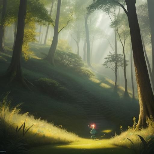 Girl and Dog in Forest, Whimsical Digital Art