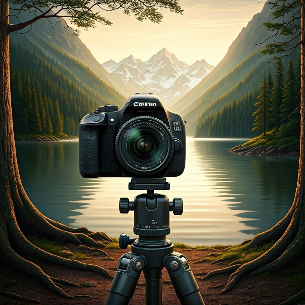 Canon Camera in Mountain Landscape, Atmospheric Sci-Fi