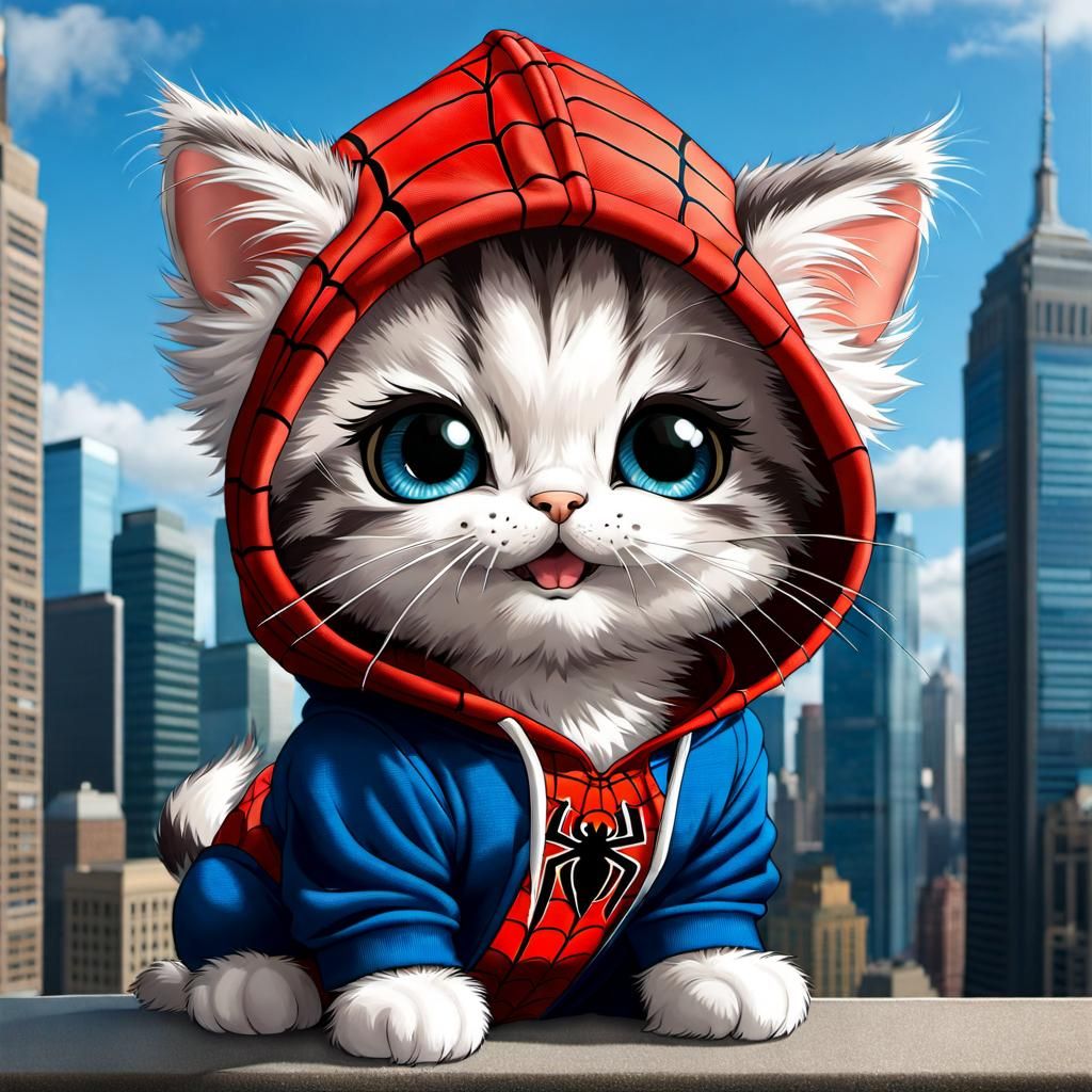 Adorable Chibi Spider-Cat in Cityscape
