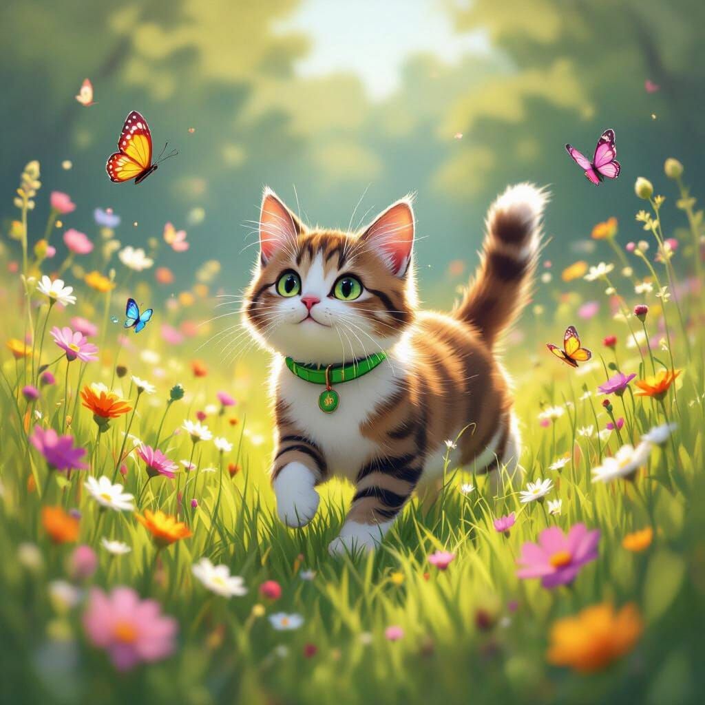 Cat Chasing Butterflies in Dreamy Meadow