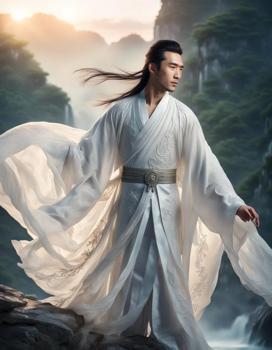 Handsome Man in Flowing White Fantasy Clothing