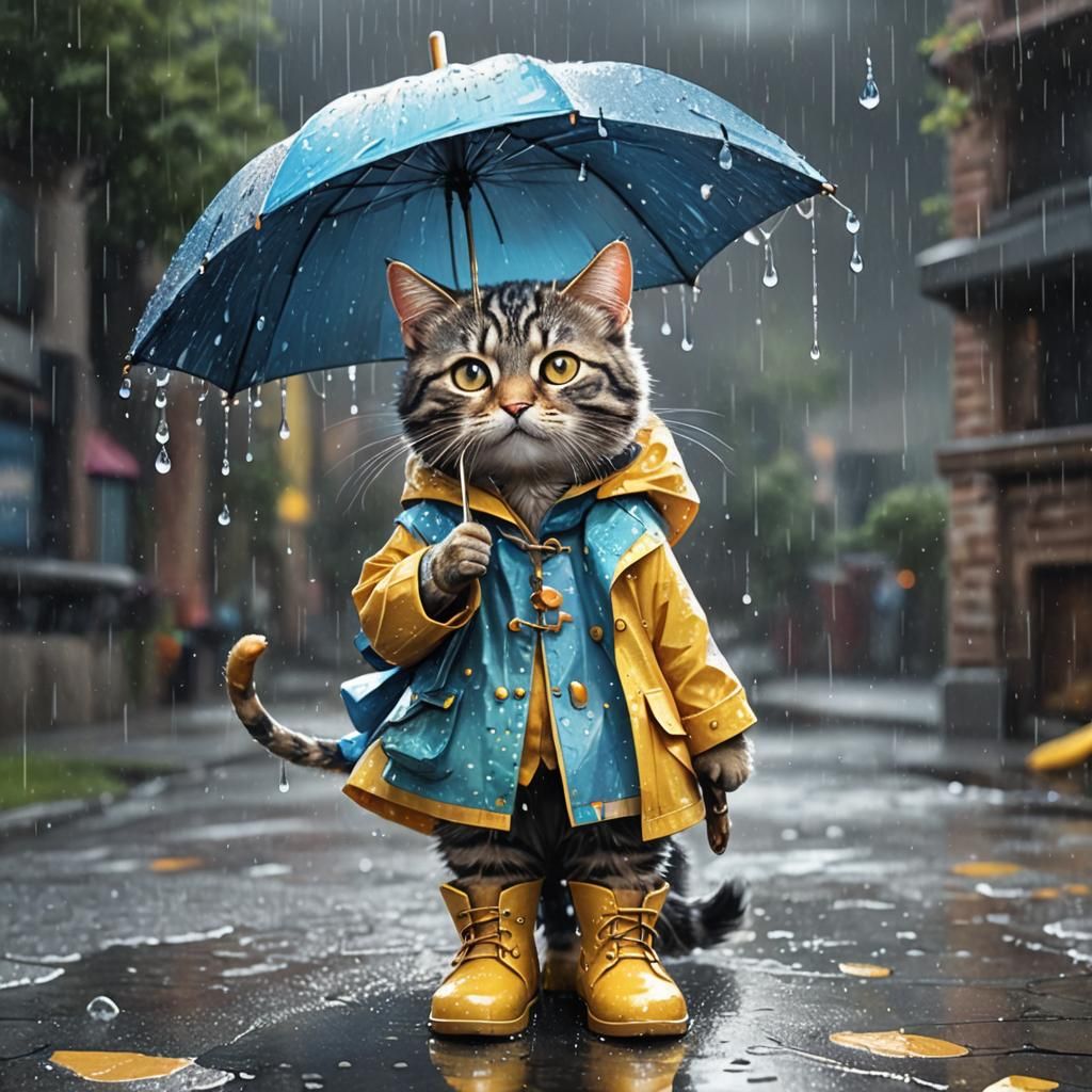 Cat in Raincoat with Umbrella: Fantasy Art