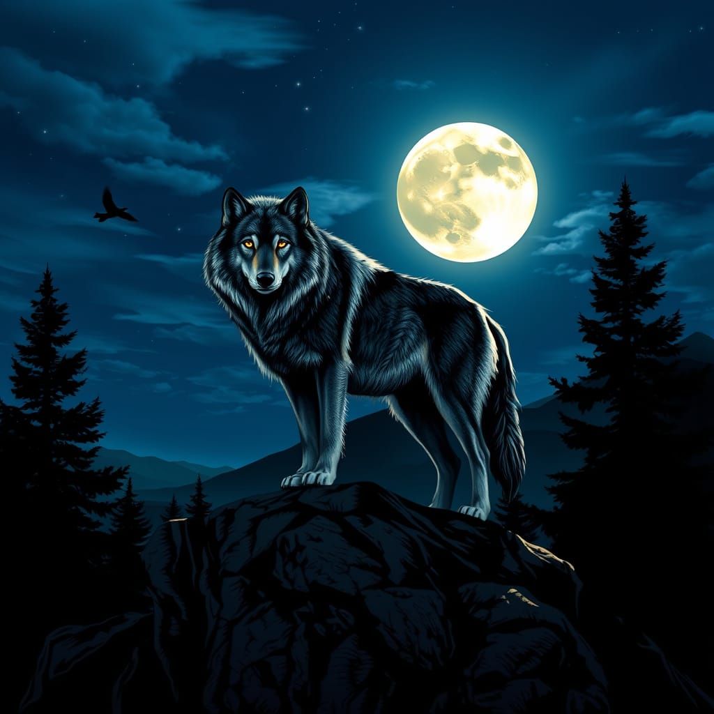 Majestic Wolf Under Luminous Full Moon in a Tranquil Landsca...