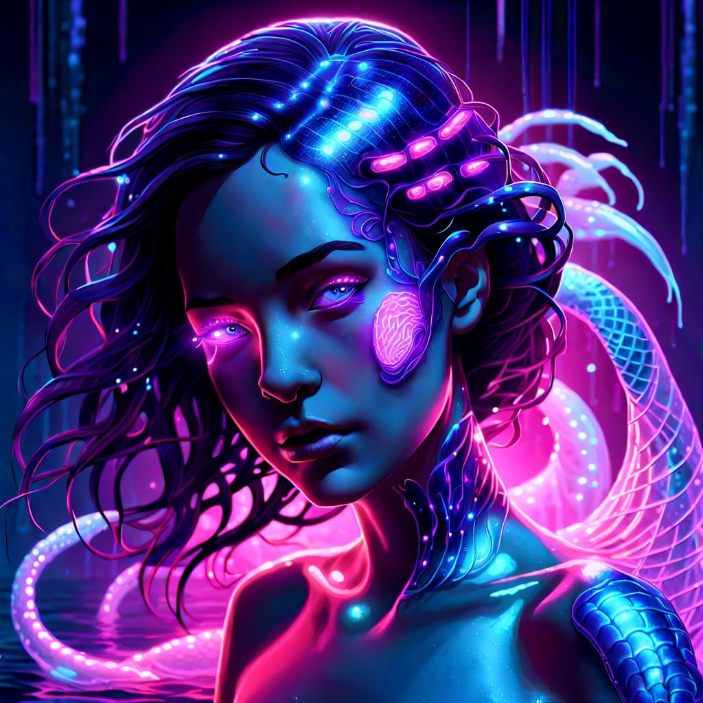 Cyberpunk Mermaid in Neon Lit Depths