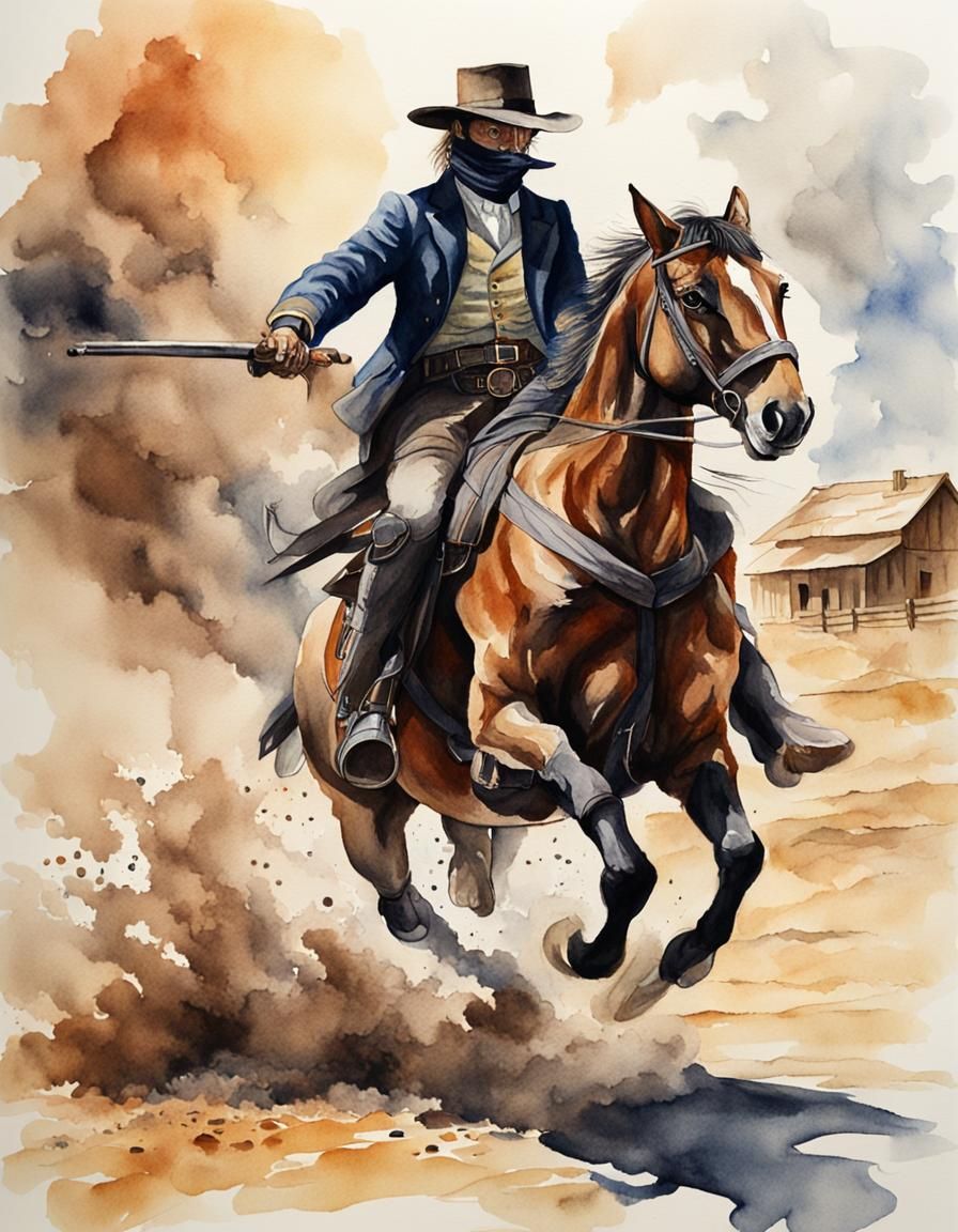 Gunslinger Cat Rides to Duel in Watercolor Style