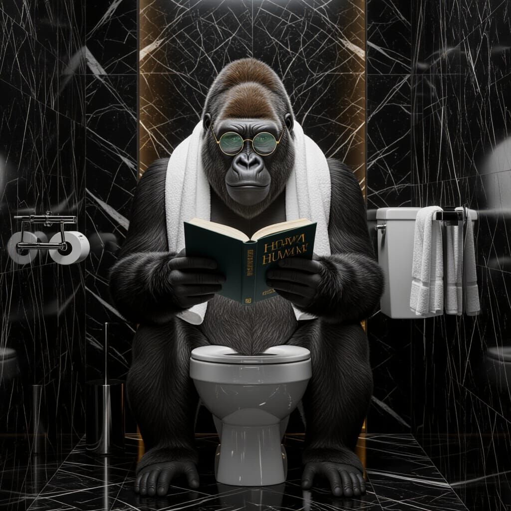 Anthropomorphic Gorilla Reading on Toilet in Luxury Bathroom