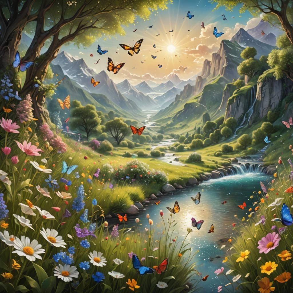 Lush Mountain River with Butterflies: Surreal Digital Art