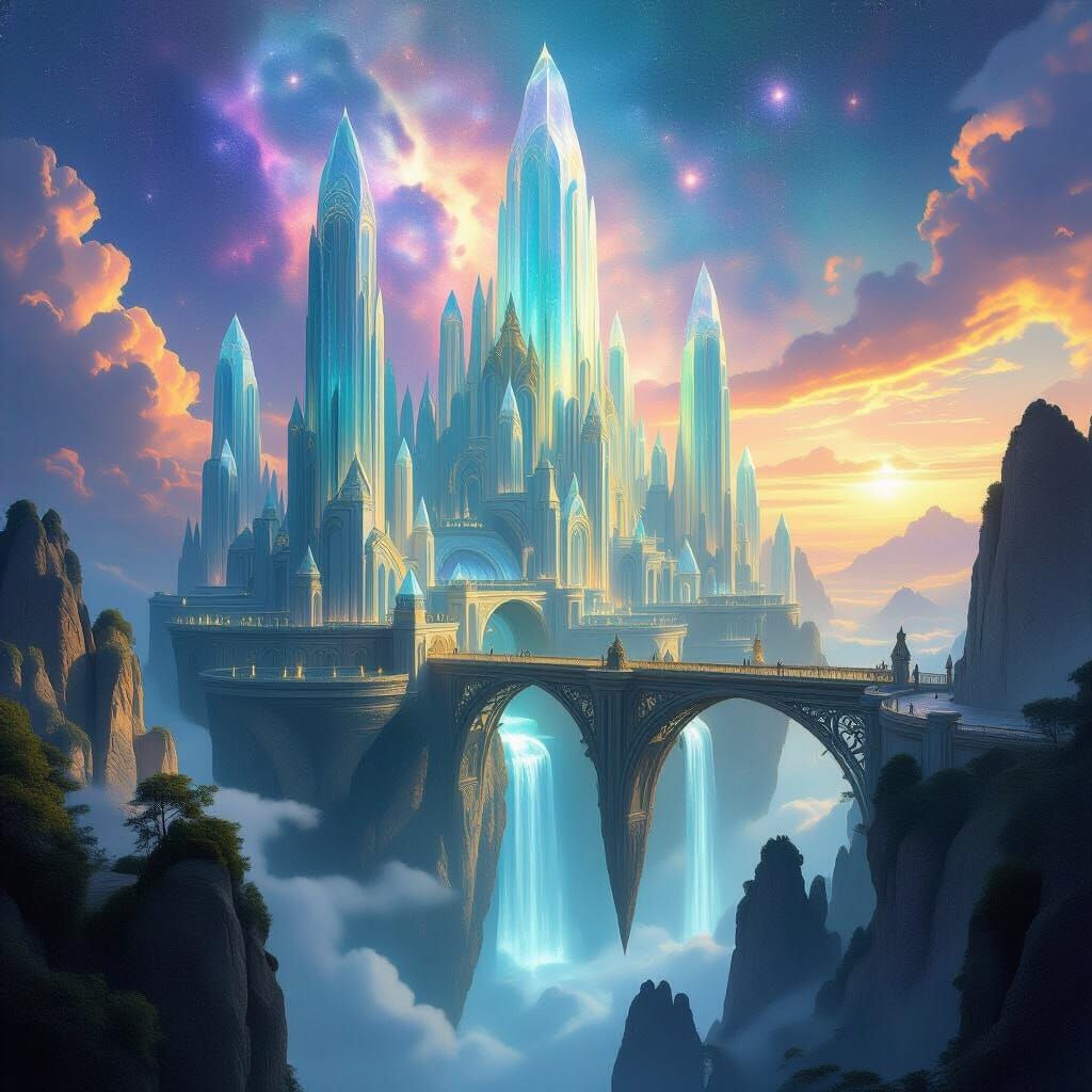 Elven City in Crystal Nebula, Art Nouveau Style