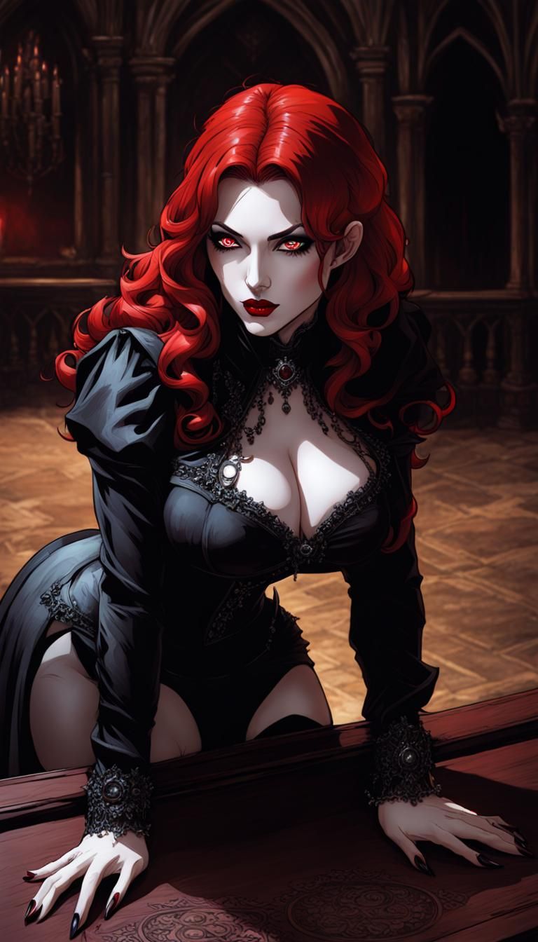 Redhead Vampire in Gothic Castle, Dark Fantasy Art