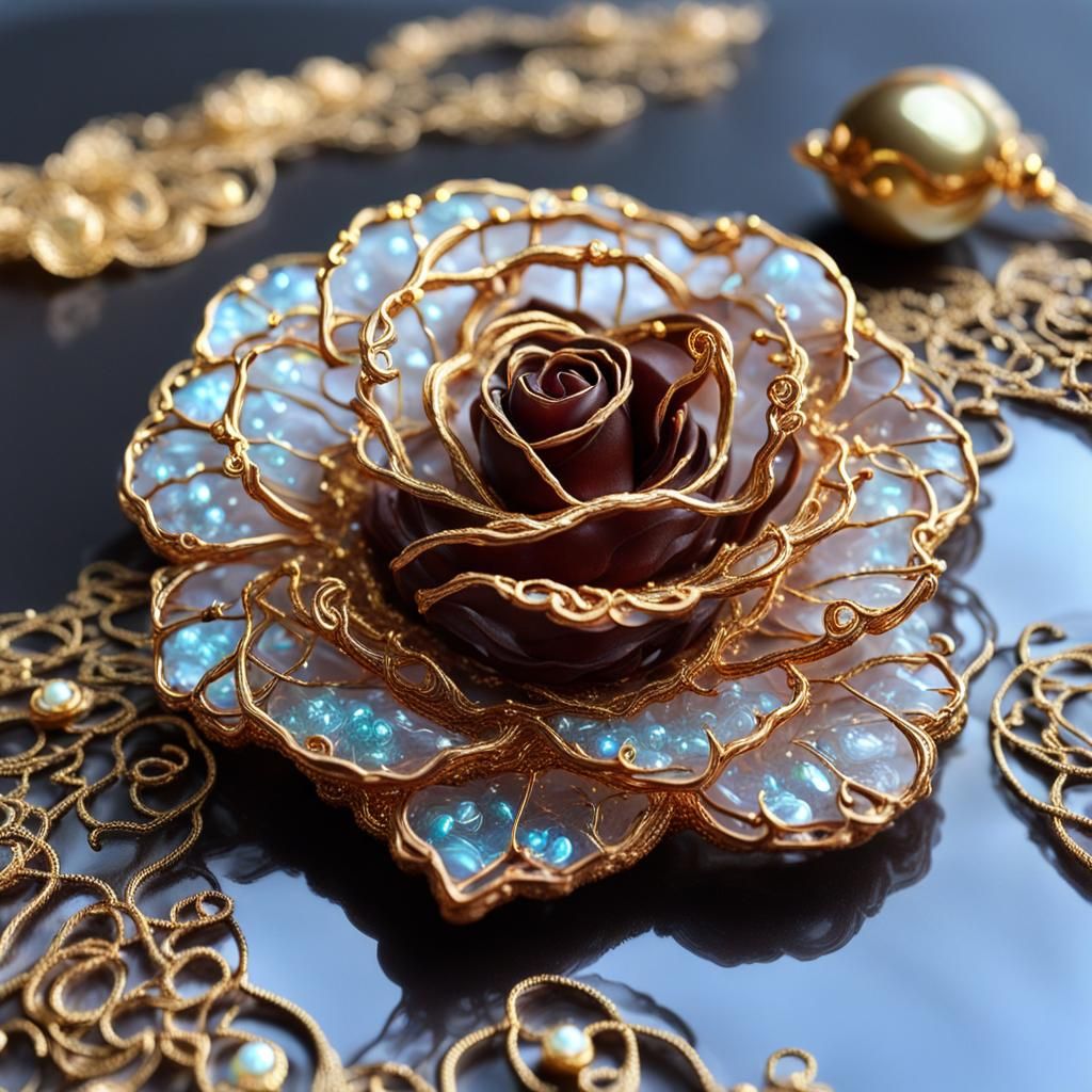 Delicate Chocolate Rose with Gold Threads and Gemstones