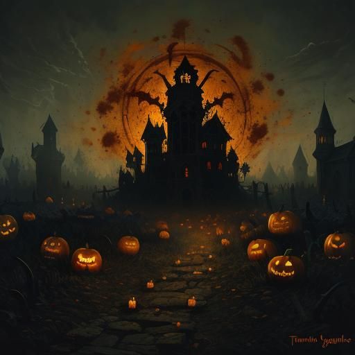 Haunted Pumpkin Patch in Horror Illustration Style