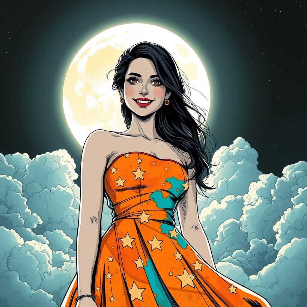 A Captivating Starlit Siren in Black and White Ink Line Art