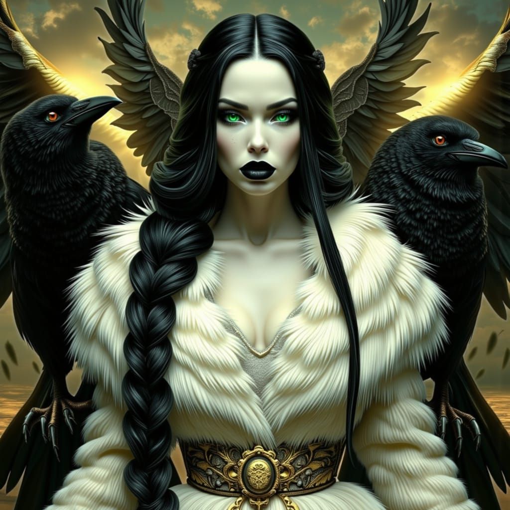 Brunhilde in White Fur Coat with Odin's Ravens