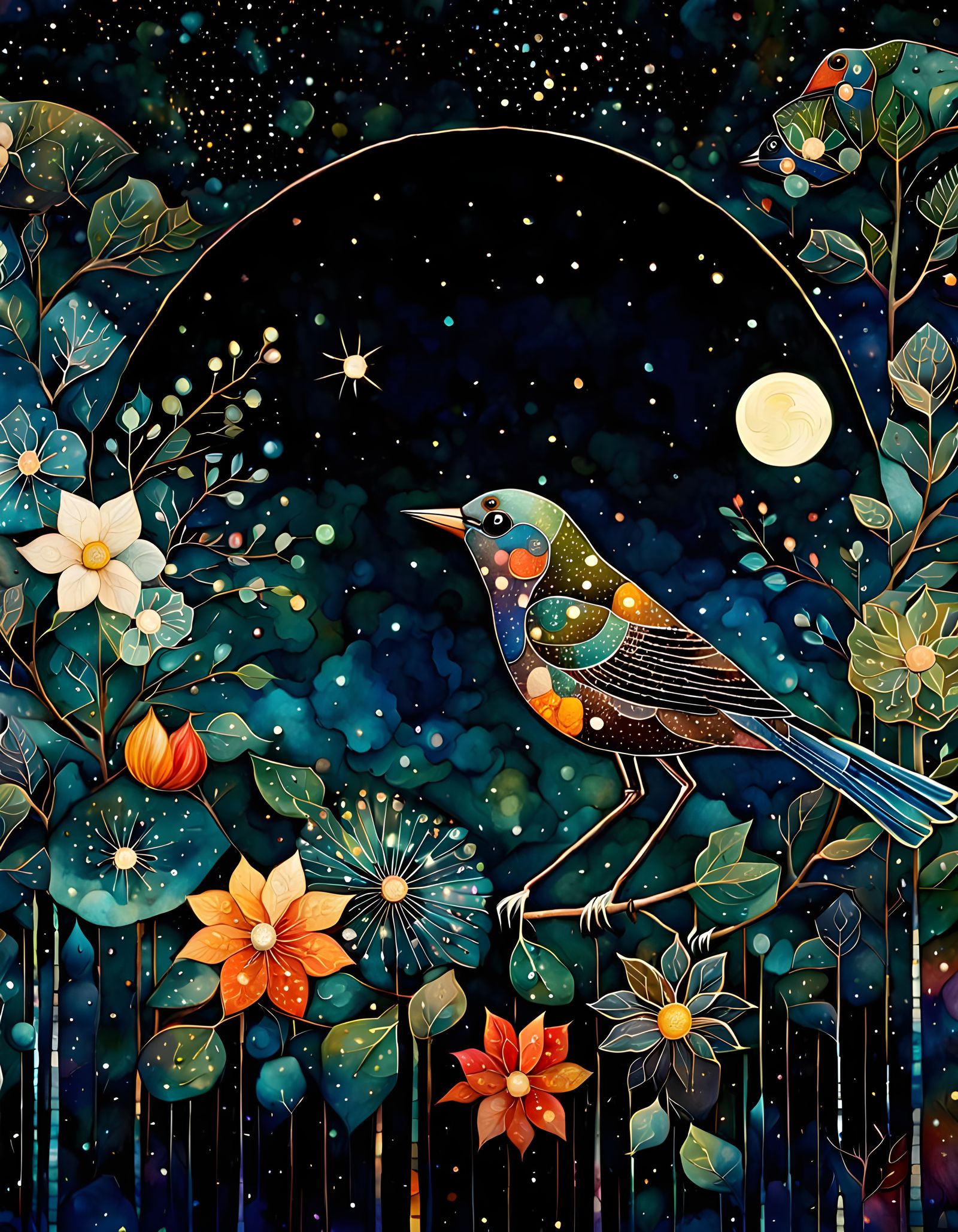 Whimsical Bird in Night Sky Collage