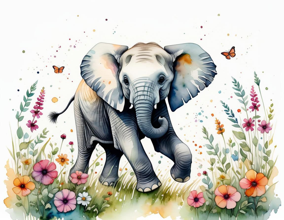 Sweet Baby Elephant in Springtime Illustration