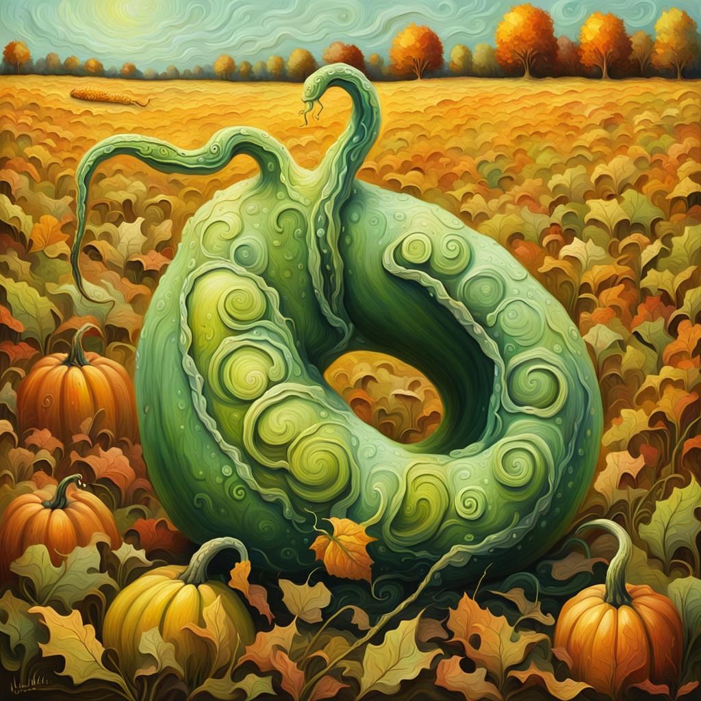 Spectacular Green Gourd on Autumn Field as Oil Painting