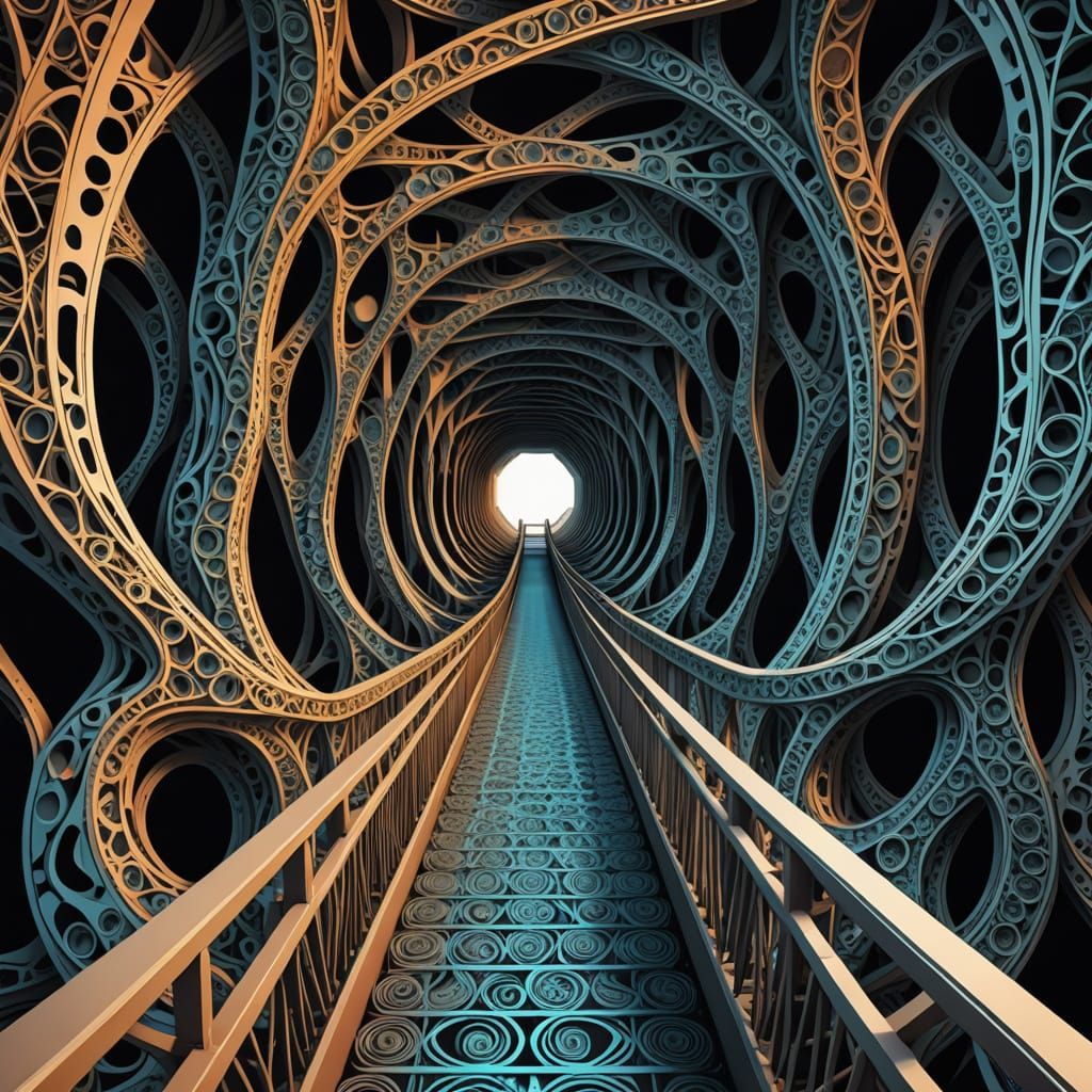 Glitchy Narrow Bridge Interior in Abstract Fractal Style