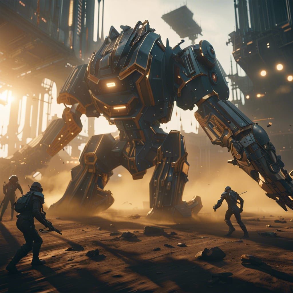 Epic Sci-Fi Battle of Gothic Machines in Golden Hour
