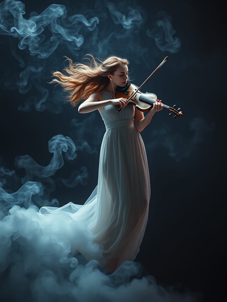 Ethereal Smoke Woman Playing Violin in Aerial Shot
