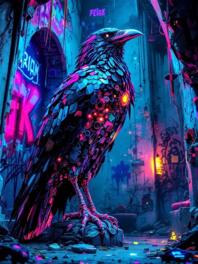 Surreal Raven Construct in Neon-Lit Cyberpunk Environment
