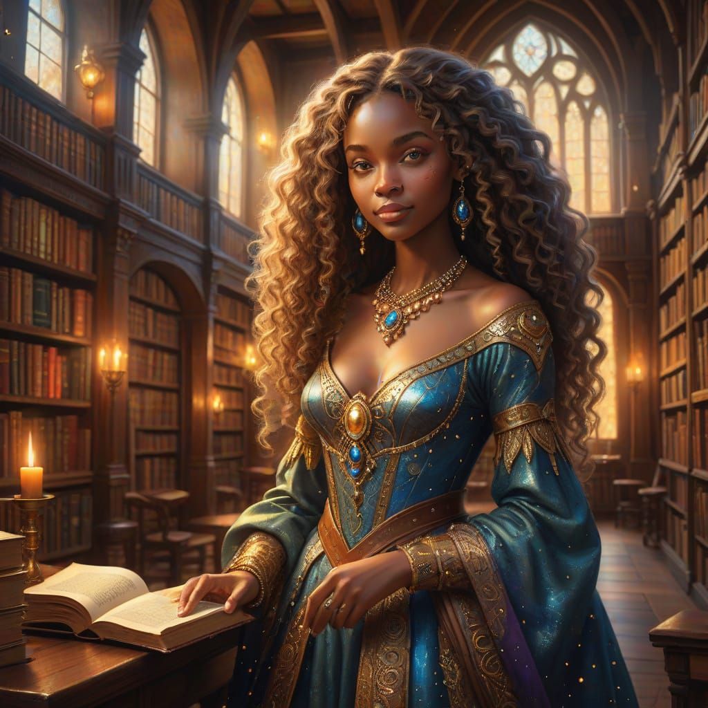 Enchanting Lady in Whimsical Library Scene