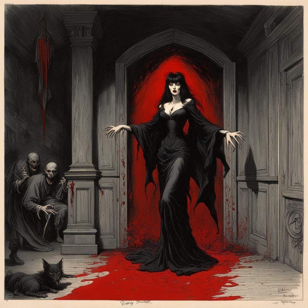 Elvira, Mistress of Vampires: A Gothic Horror Scene