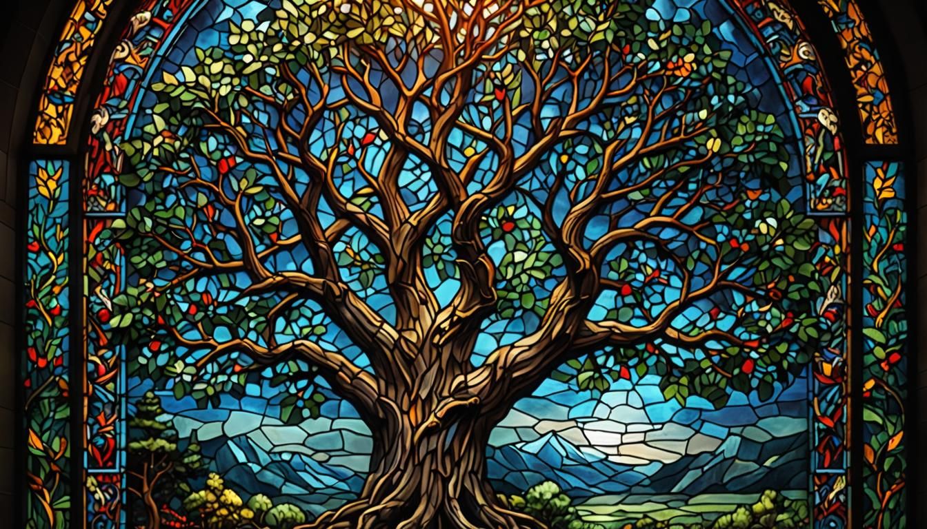 Hyperrealistic Stained Glass Tree with Intricate Details