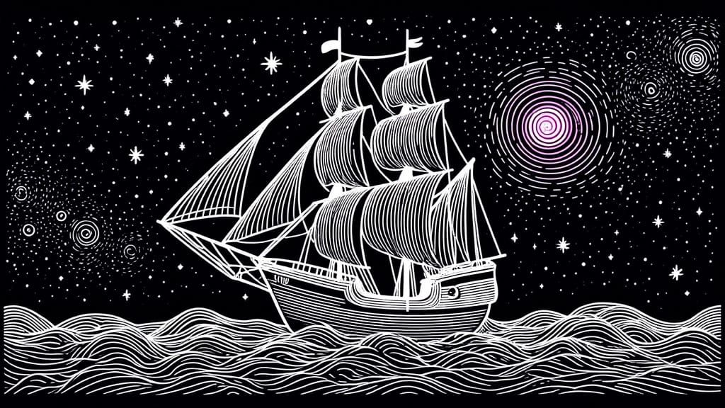 Sailing Through a Celestial Ocean in Whimsical White Line Ar...