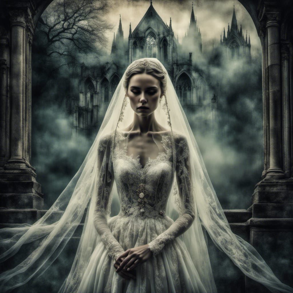 Eerie Ghostly Bride on Balcony: Double Exposure