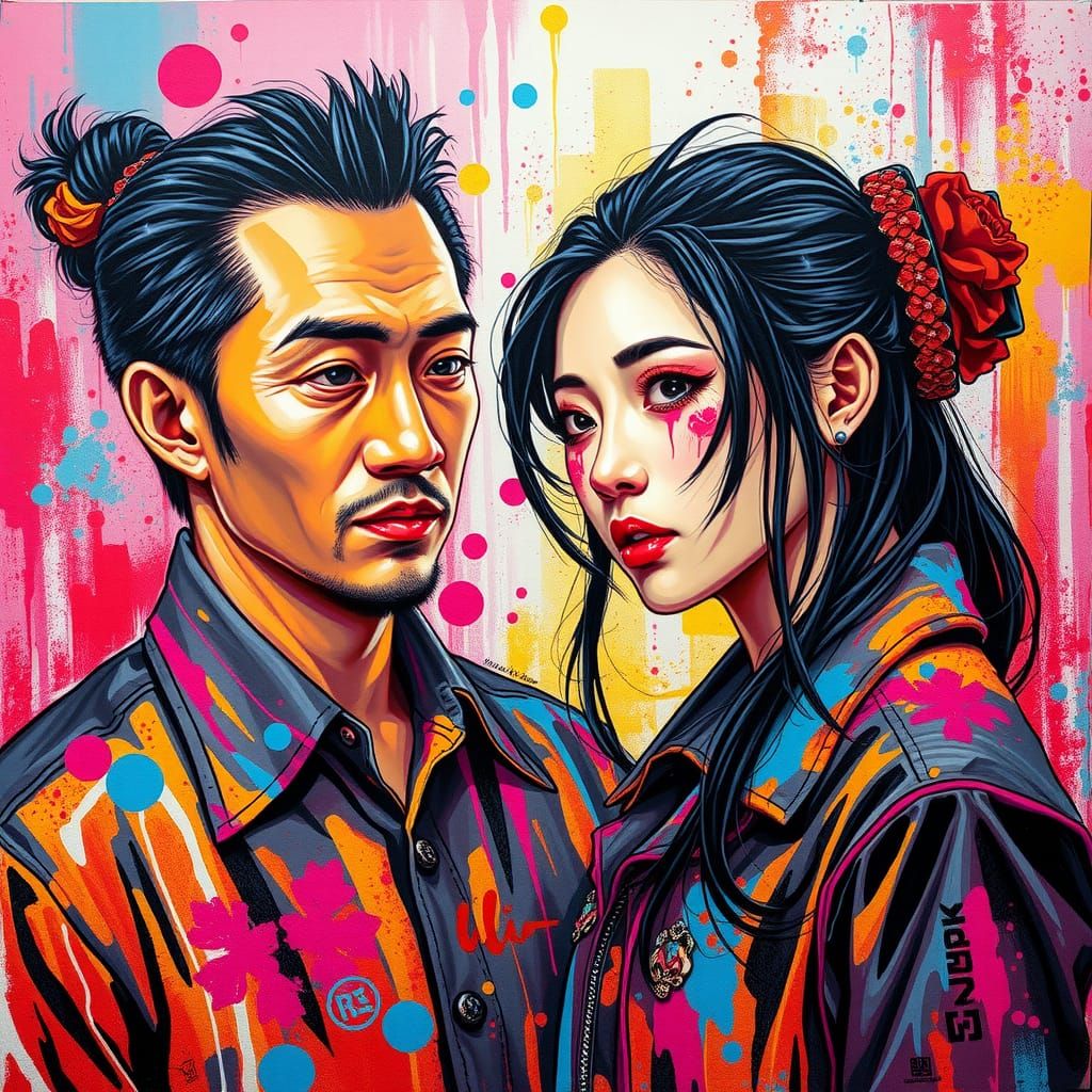 Chinese Couple in Graffiti Street Art Style