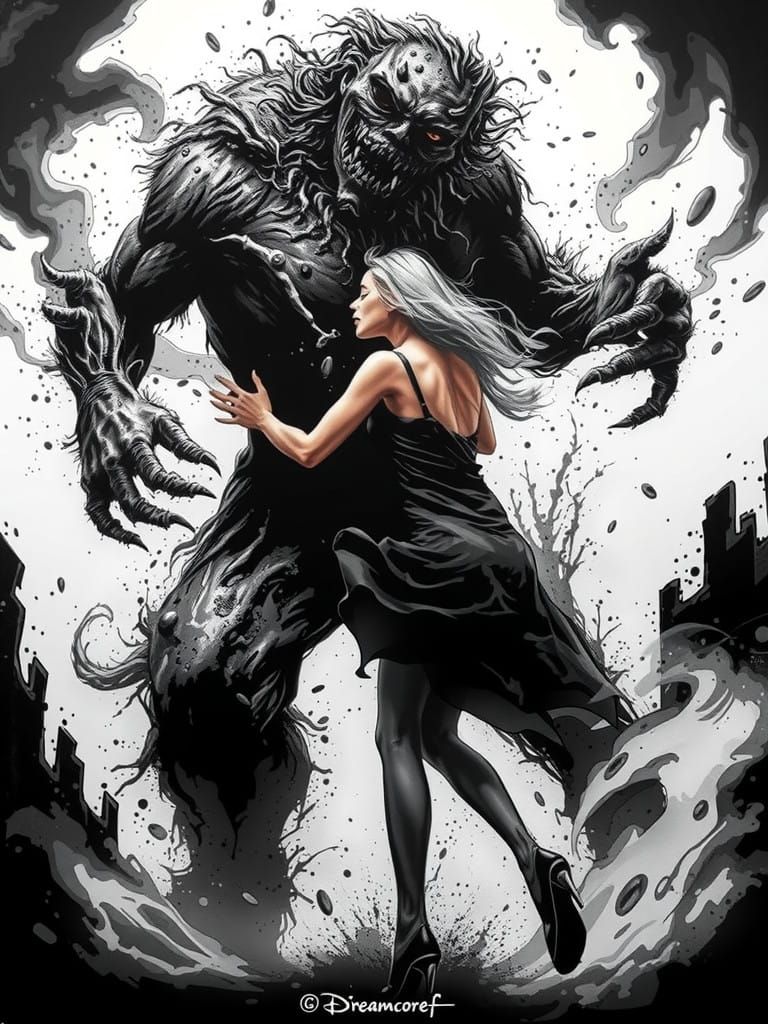 Dark Monster Hugs Fearful Woman in a Splash of Horror