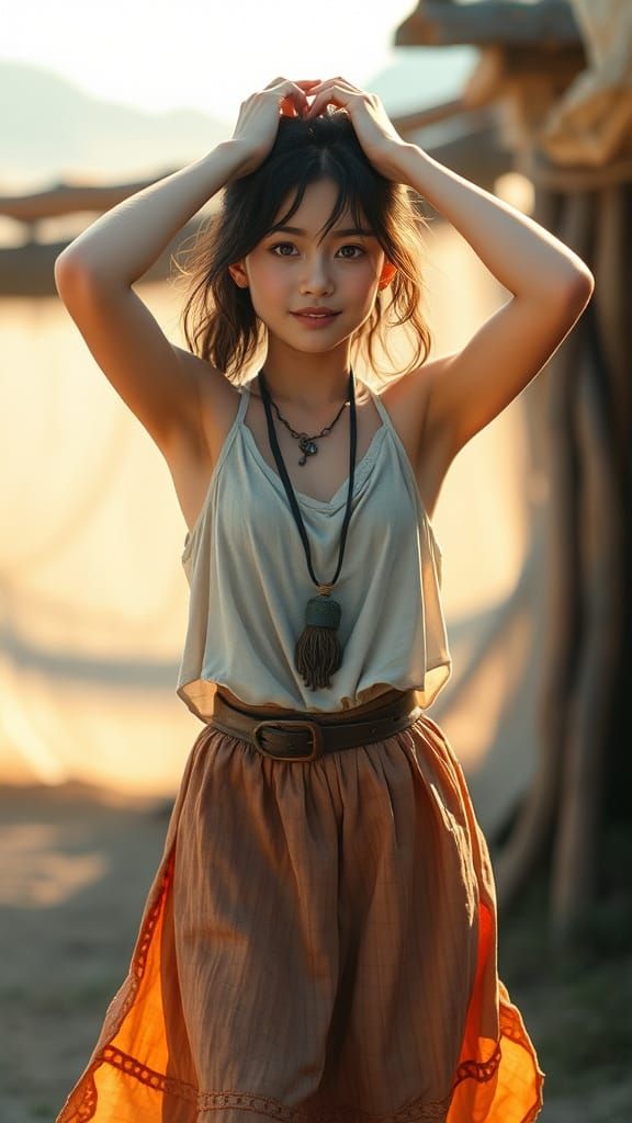 Free-Spirited Woman in Sunlit Landscape, Digital Illustratio...