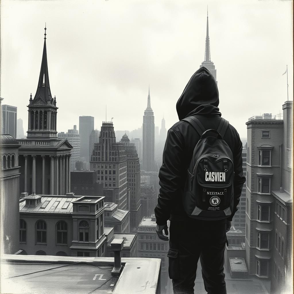 Rooftop Figure Surveys Gritty Cityscape in Charcoal