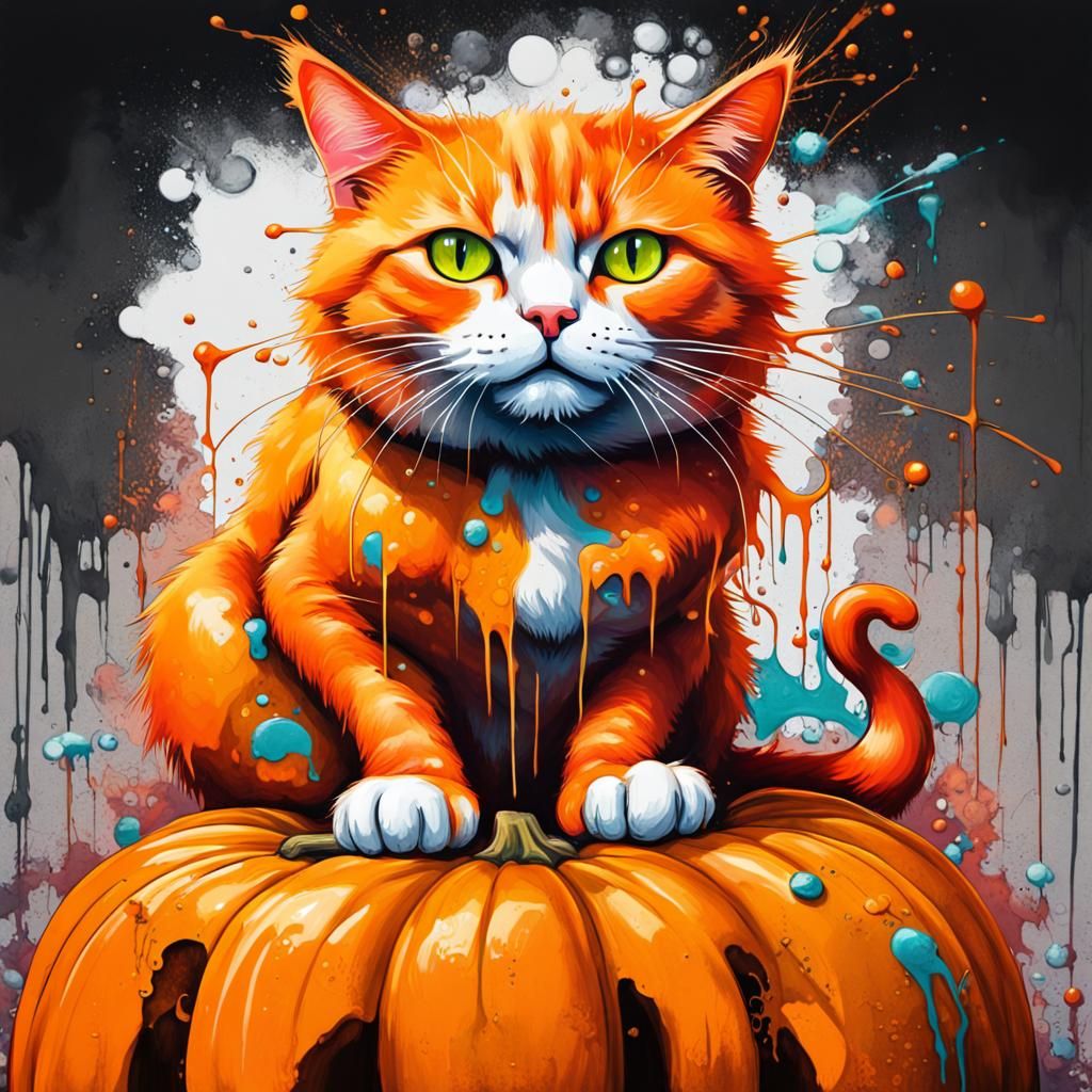 Orange Cat on Pumpkin in Graffiti Art Style