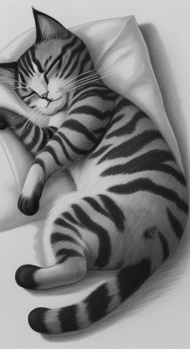 Monochrome Ink Drawing of a Sleeping Cat