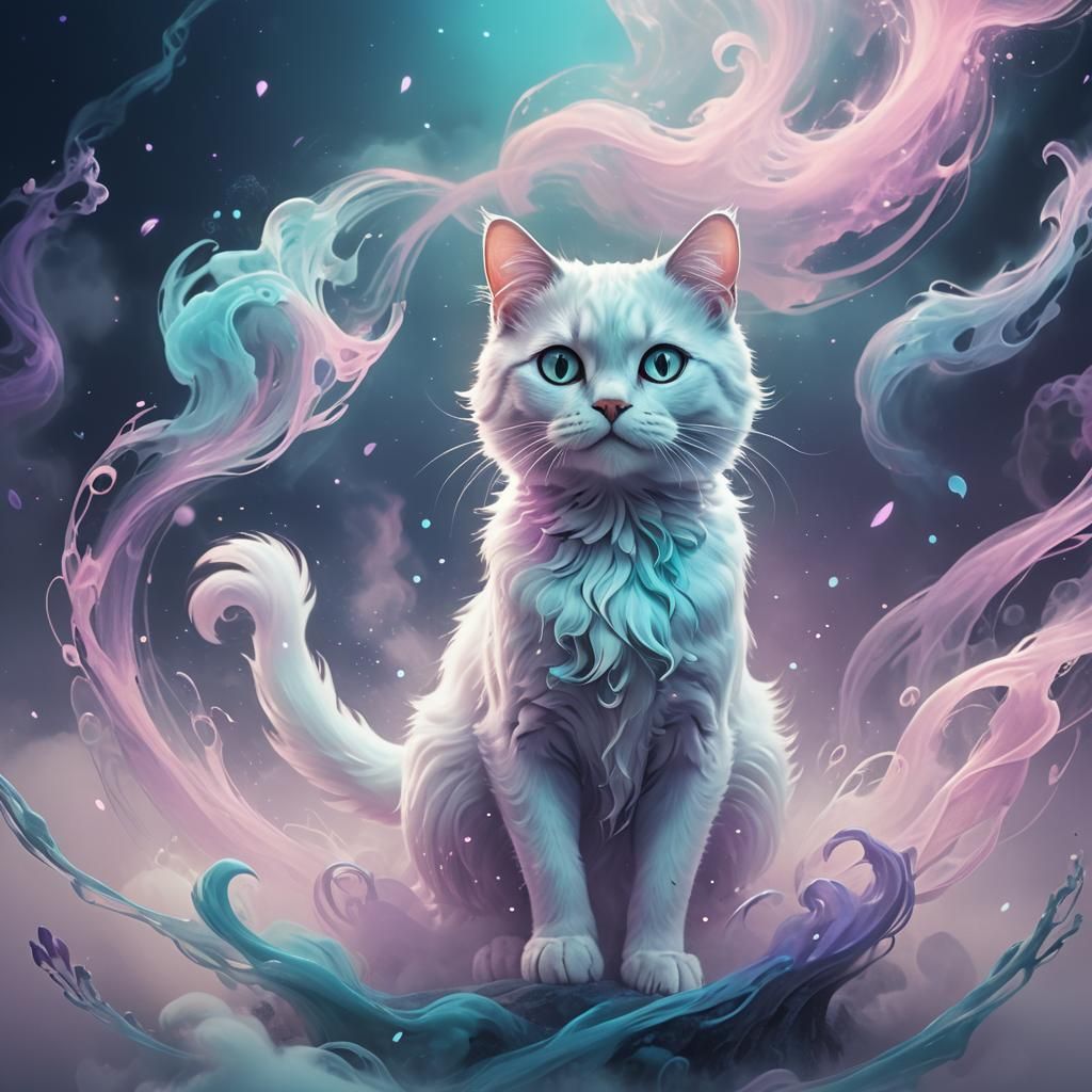 Ethereal Ghost Cat Floating in Mystical Fog
