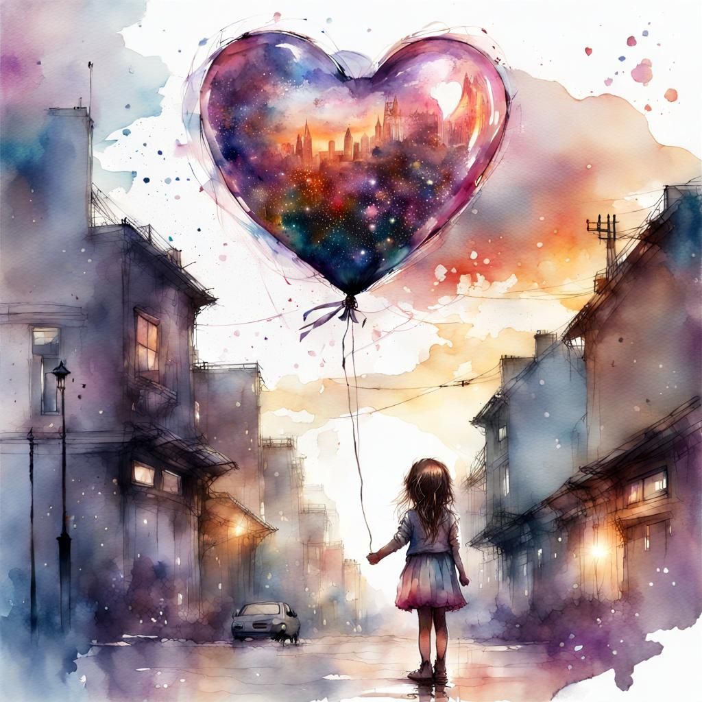 Girl with Heart Balloon in Watercolor Cityscape