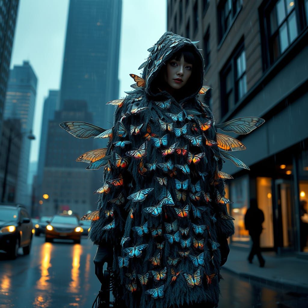 Mysterious Woman in Iridescent Moth Coat Strides Through Rai...