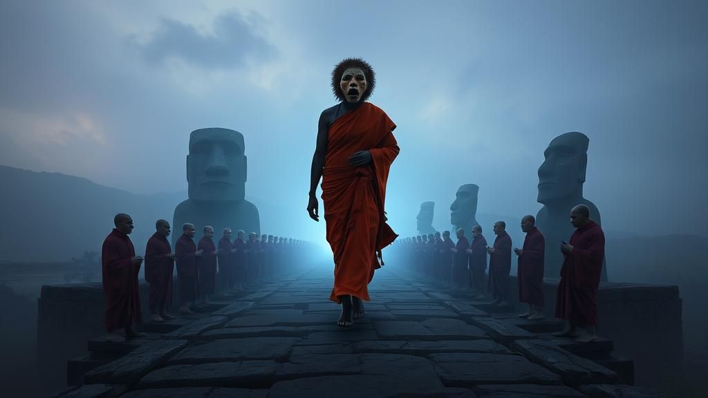 Surreal Twilight Bridge with African Woman and Alien