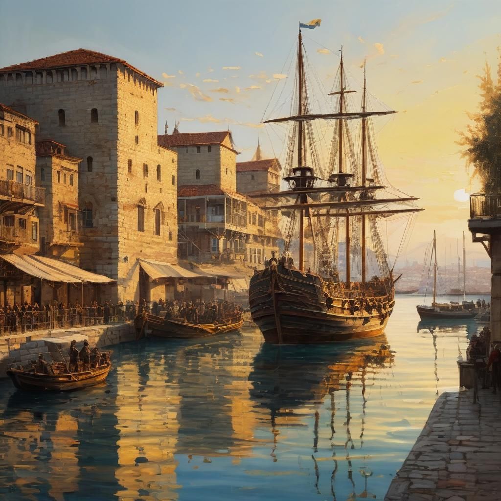 Medieval Harbor Scene in Oil Painting Style